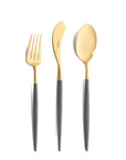 Cutipol Goa grey matt celadon finish, black resin handles, and minimalist design for a luxurious dining experience - on a white background 3pc servers set