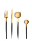 Cutipol Goa grey matt celadon finish, black resin handles, and minimalist design for a luxurious dining experience - on a white background 4pc set of table fork, knife, spoon, tea spoon