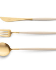 Cutipol Goa ivory matt celadon finish, black resin handles, and minimalist design for a luxurious dining experience - on a white background 3pc set of table spoon, knife and fork