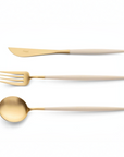 Cutipol Goa ivory matt celadon finish, black resin handles, and minimalist design for a luxurious dining experience - on a white background 3pc set of table spoon, knife and fork