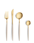 Cutipol Goa ivory matt celadon finish, black resin handles, and minimalist design for a luxurious dining experience - on a white background 4pc tablet set of spoon, knife, fork and tea spoon