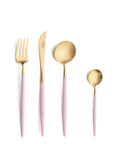 Cutipol Goa pink matt celadon finish, black resin handles, and minimalist design for a luxurious dining experience - on a white background 4pc table set of fork, knife, spoon and tea spoon