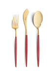 Cutipol Goa red matt gold finish, black resin handles, and minimalist design for a luxurious dining experience - on a white background 3pcs servers