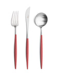 Cutipol Goa red matt stainless steel finish, black resin handles, and minimalist design for a luxurious dining experience - three piece table serving is it