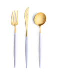 Cutipol Goa violet matt gold finish, black resin handles, and minimalist design for a luxurious dining experience - on a white background 3pc table knife, spoon and fork set