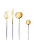 Cutipol Goa violet matt gold finish, black resin handles, and minimalist design for a luxurious dining experience - on a white background 4 pc table set of fork, knife, spoon and tea spoon