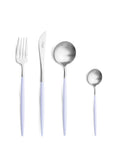 Cutipol Goa violet matt stainless steel finish, black resin handles, and minimalist design for a luxurious dining experience - table spoon, knife, fork and tea spoon