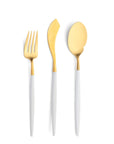 Cutipol Goa white matt gold finish, black resin handles, and minimalist design for a luxurious dining experience - on a white background 3pc servers