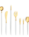 Cutipol Goa white matt gold finish, black resin handles, and minimalist design for a luxurious dining experience - on a white background 9 pcs set