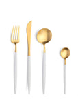 Cutipol Goa white matt gold finish, black resin handles, and minimalist design for a luxurious dining experience - on a white background 4pc table set fork knife spoon and tea spoon
