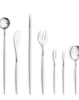Cutipol Goa white matt stainless steel finish, black resin handles, and minimalist design for a luxurious dining experience - 9 pcs set on a white background