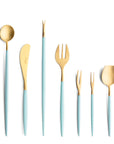 Cutipol Goa turquoise matt gold finish, black resin handles, and minimalist design for a luxurious dining experience - on a white background 9pc set