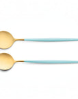Cutipol Goa turquoise matt gold finish, black resin handles, and minimalist design for a luxurious dining experience - on a white background salad servers