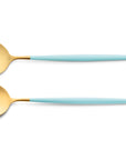 Cutipol Goa turquoise matt gold finish, black resin handles, and minimalist design for a luxurious dining experience - on a white background salad servers
