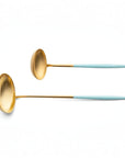 Cutipol Goa turquoise matt gold finish, black resin handles, and minimalist design for a luxurious dining experience - on a white background 2pc spoon servers