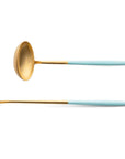 Cutipol Goa turquoise matt gold finish, black resin handles, and minimalist design for a luxurious dining experience - on a white background 2pc spoon servers