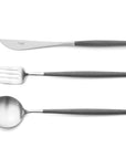 Cutipol Goa grey matt stainless steel finish, black resin handles, and minimalist design for a luxurious dining experience - table spoon, knife and fork