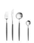 Cutipol Goa grey matt stainless steel finish, black resin handles, and minimalist design for a luxurious dining experience - table fork, knife, spoon and tea spoon