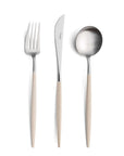 Cutipol Goa ivory matt stainless steel finish, black resin handles, and minimalist design for a luxurious dining experience - fork knife tablespoon