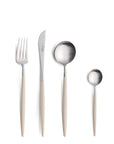 Cutipol Goa ivory matt stainless steel finish, black resin handles, and minimalist design for a luxurious dining experience - fork knife tablespoon and teaspoon