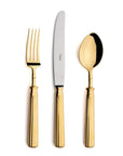Cutipol Line Collection featuring ribbed steel and a sleek design, crafted in Portugal, perfect for luxury dining experiences - knife spoon and fork in polished gold