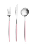 Cutipol Goa pink matt stainless steel finish, black resin handles, and minimalist design for a luxurious dining experience - table spoon, knife and fork