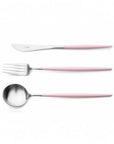 Cutipol Goa pink matt stainless steel finish, black resin handles, and minimalist design for a luxurious dining experience - table spoon, knife and fork