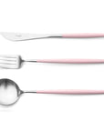 Cutipol Goa pink matt stainless steel finish, black resin handles, and minimalist design for a luxurious dining experience - table spoon, knife and fork