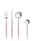 Cutipol Goa Pink matt stainless steel finish, black resin handles, and minimalist design for a luxurious dining experience - table knif, spoon, fork and tea spoon