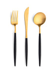 Cutipol Goa black matt gold finish, black resin handles, and minimalist design for a luxurious dining experience - knife spoon and fork