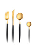 Cutipol Goa black matt gold finish, black resin handles, and minimalist design for a luxurious dining experience - fork knife spoon and tea spoon