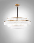 Charles Collection suspension lamp by Italamp featuring gold nickel finish, satin glass elements, and leather accents, epitomising Italian luxury lighting design. A Charles chandelier on a white background.