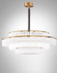 Charles Collection suspension lamp by Italamp featuring gold nickel finish, satin glass elements, and leather accents, epitomising Italian luxury lighting design. A Charles chandelier on a white background.
