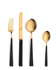 Cutipol Kube cutlery collection with straight-line designs in matte brushed and gold-plated finishes, showcasing Portuguese craftsmanship for elegant dining settings - 4 pc set