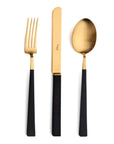 Cutipol Kube cutlery collection with straight-line designs in matte brushed and gold-plated finishes, showcasing Portuguese craftsmanship for elegant dining settings - knife fork spoon
