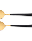 Cutipol Kube cutlery collection with straight-line designs in matte brushed and gold-plated finishes, showcasing Portuguese craftsmanship for elegant dining settings - black gold salad servers set