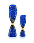 A pair of Mario Cioni Clepsydra Blue Crystal Vase featuring intricate gold floral inlays and an hourglass silhouette, handcrafted in Italy for luxurious interiors.