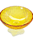Side view of a luxurious Mario Cioni Metamorphosis Footed Amber Crystal Bowl with intricate diamond-pattern engravings and a clear crystal base, handcrafted in Italy.