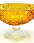 A luxurious Mario Cioni Footed Amber Crystal Bowl with intricate diamond-pattern engravings and a clear crystal base, handcrafted in Italy.