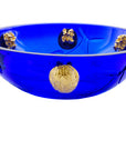 A stunning Mario Cioni Purpose Blue Gold Walnut Crystal Bowl with deep blue crystal, gold walnut accents, and intricate engraved leaf patterns, handcrafted in Italy. A closeup view