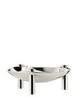 A polished stainless bowl cum candle holder with three cylindrical legs and three small matching cups, photographed on a clean white background.