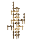 A modern abstract wall sculpture or chandelier with a geometric, branching structure in brushed gold and bronze metallic finishes, isolated on a white background.