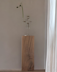 A tall rectangular wooden pedestal with visible natural grain and dark fissures, topped with a silver metal candle holder and a single green flower stem, set against a plain beige wall with a white curtain on the right.