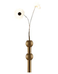 A modern vase with a matte bronze-finished cylindrical base featuring two stacked spherical accents, supporting two thin dark stems topped with white flower-shaped shades, shown against a plain white background.