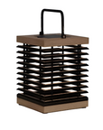 Solar Lamp with wooden top and black base on a white background by Les Jardins at Spacio store in Mumbai.