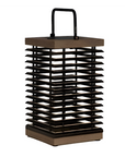 Black and brown solar lantern with a handle on a white background