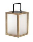 Square wooden solar lantern with a white interior on a white background
