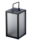 Black rectangular outdoor solar lamp with a handle on a white background