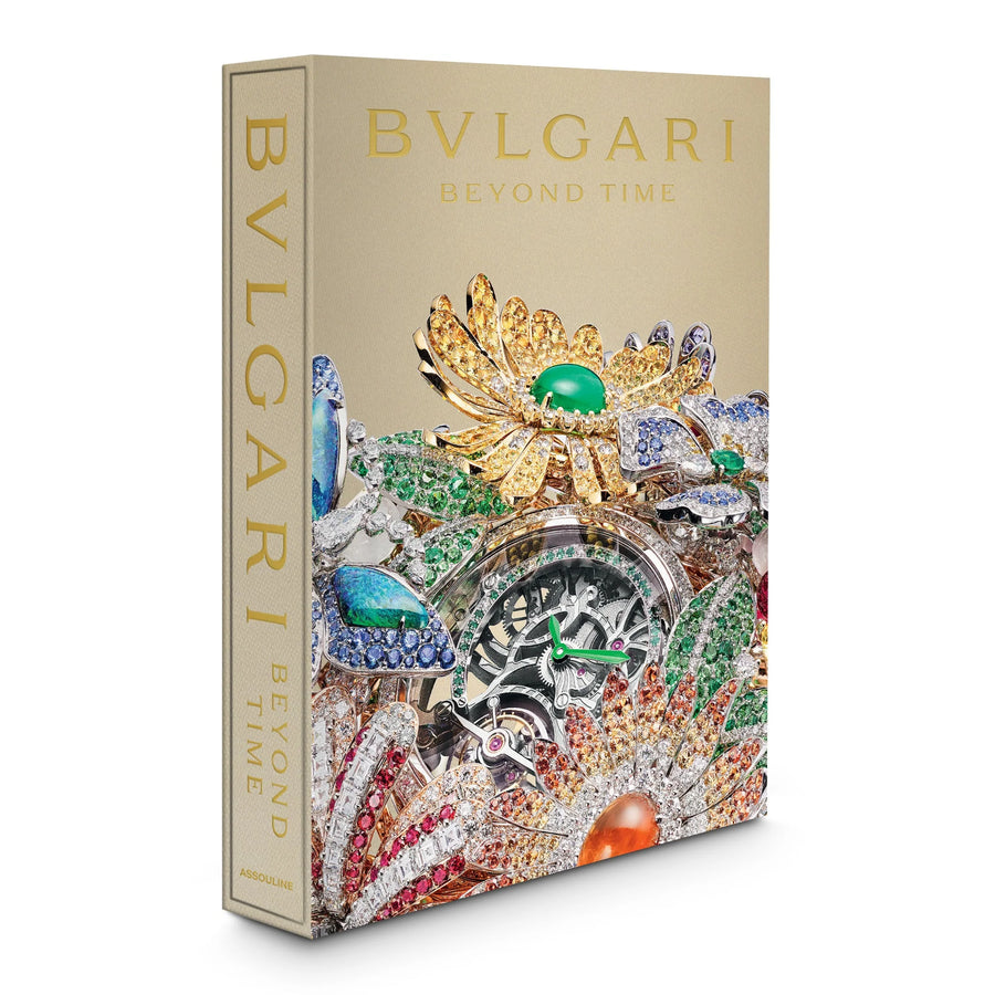Side look of Assouline Bvlgari: Beyond Time coffee table book on white back ground at Spacio India for luxury home decor collection of Jewellery Coffee Table Books.