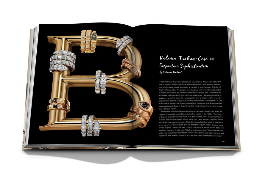 Assouline Bvlgari: Beyond Time coffee table book displaying Serpenti Bvlgari Jewelry Collection in a form of B Letter on white back ground at Spacio India for luxury home decor collection of Jewellery Coffee Table Books.